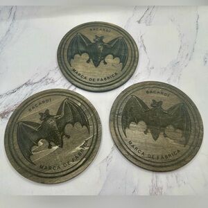 🦇BACARDI Anejo Bat Wooden Coaster Set of 3 Vintage Goth Spooky VTG